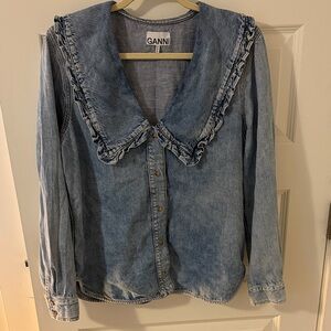 Ganni Blue Denim Shirt with Ruffle Collar